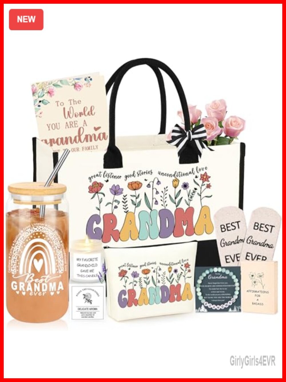 Grandma Gift Set 8-in-1 Canvas Tote Bag Makeup Pouch Glass Mug Candle Gift for